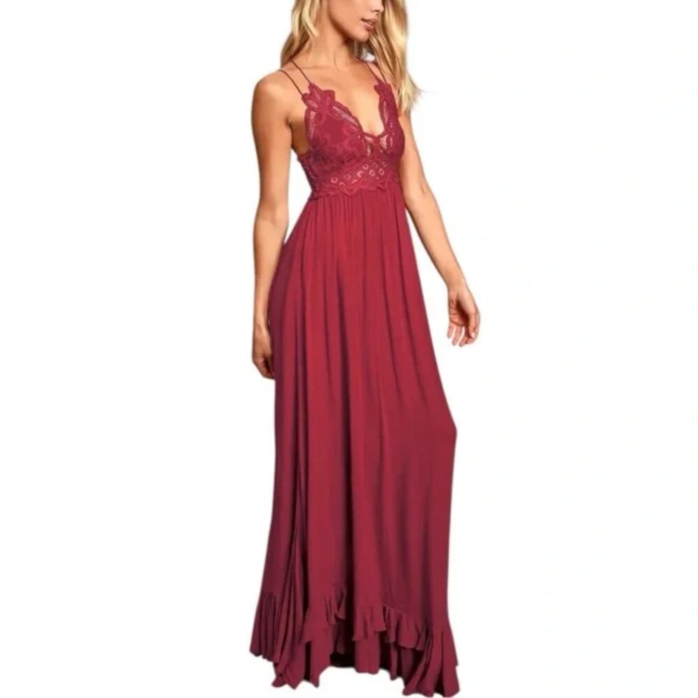 Free People FP ONE Deep Red Lace Adella Maxi Dress - Picture 9 of 9